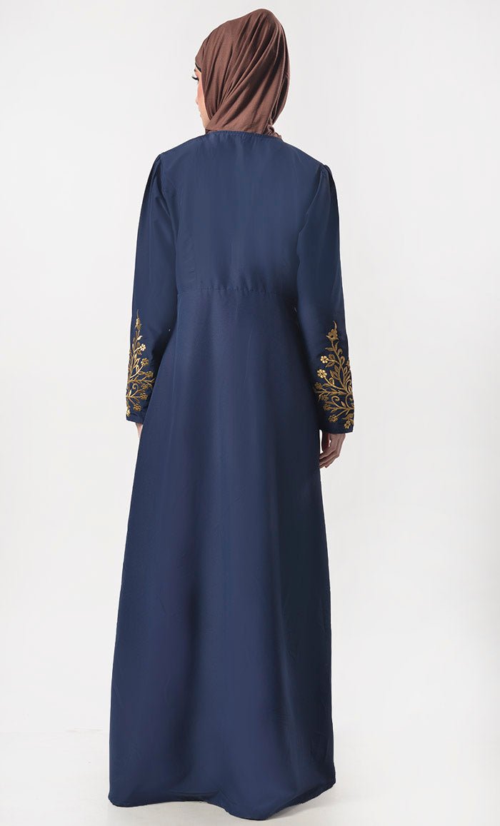 Modest Classic Navy Applique Work Full Length Zipper Abaya With Pockets - EastEssence.com