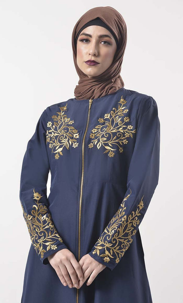 Modest Classic Navy Applique Work Full Length Zipper Abaya With Pockets - EastEssence.com