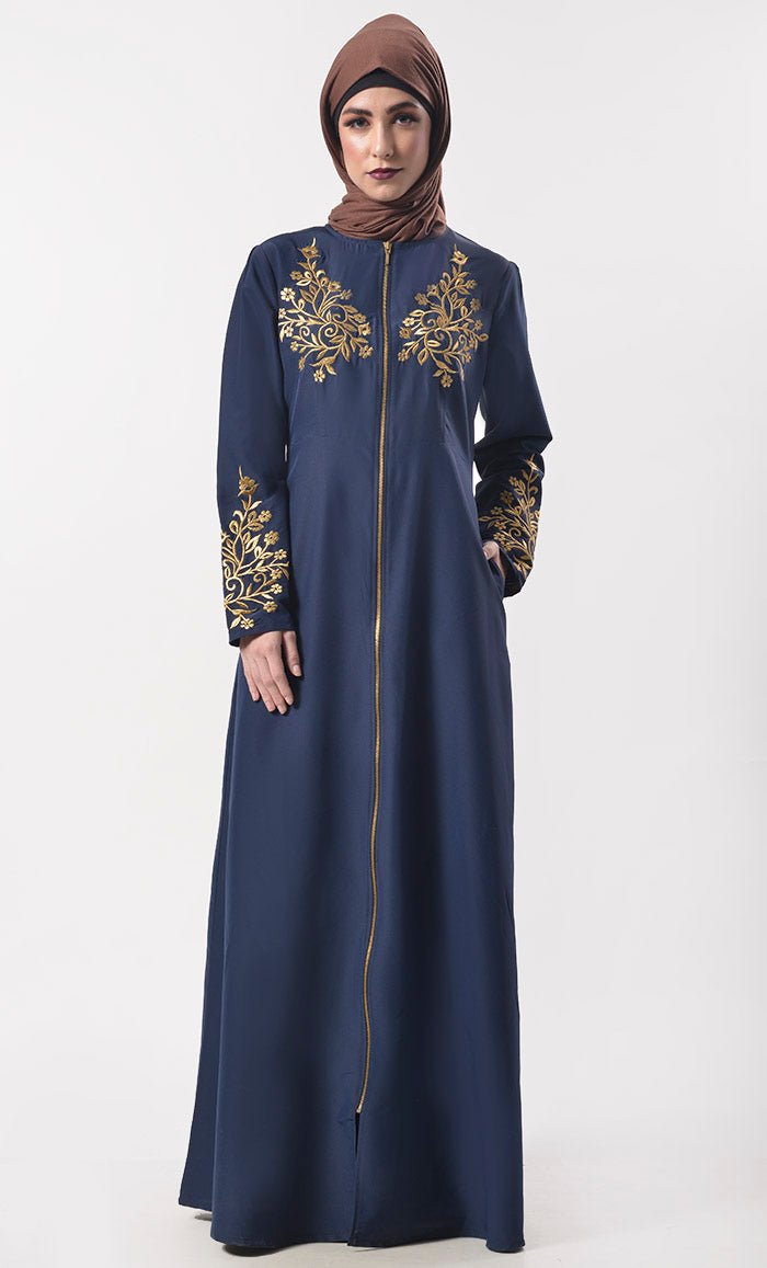 Modest Classic Navy Applique Work Full Length Zipper Abaya With Pockets - EastEssence.com