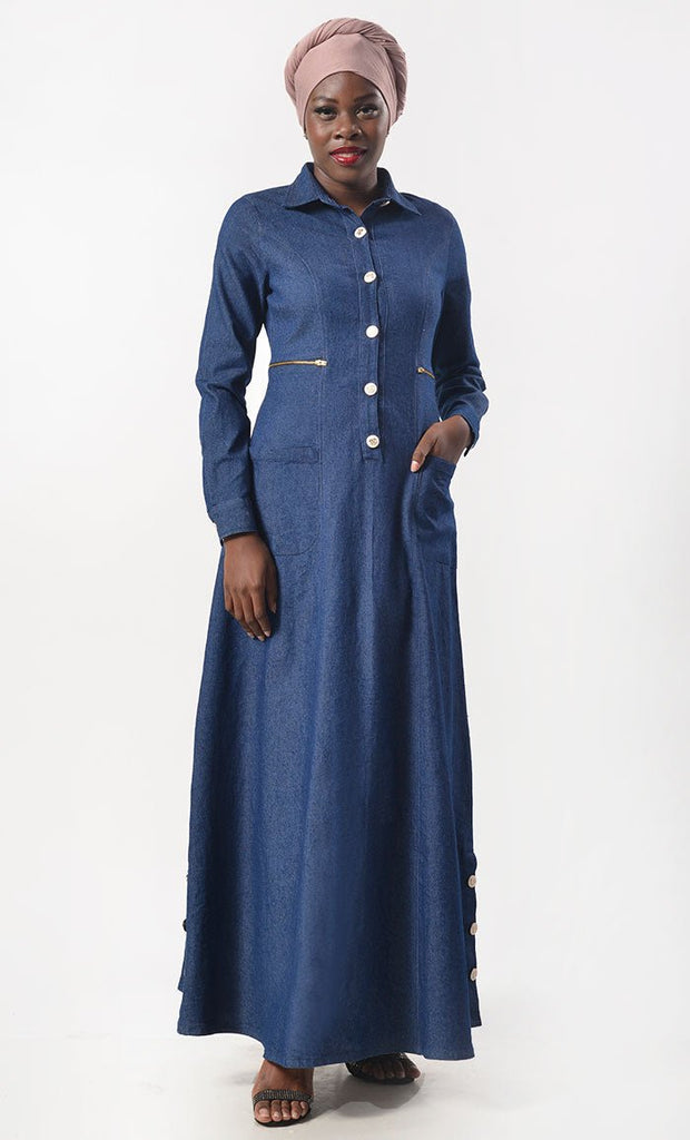 Modest Denim Buttons Detailing Abaya With Pockets - EastEssence.com