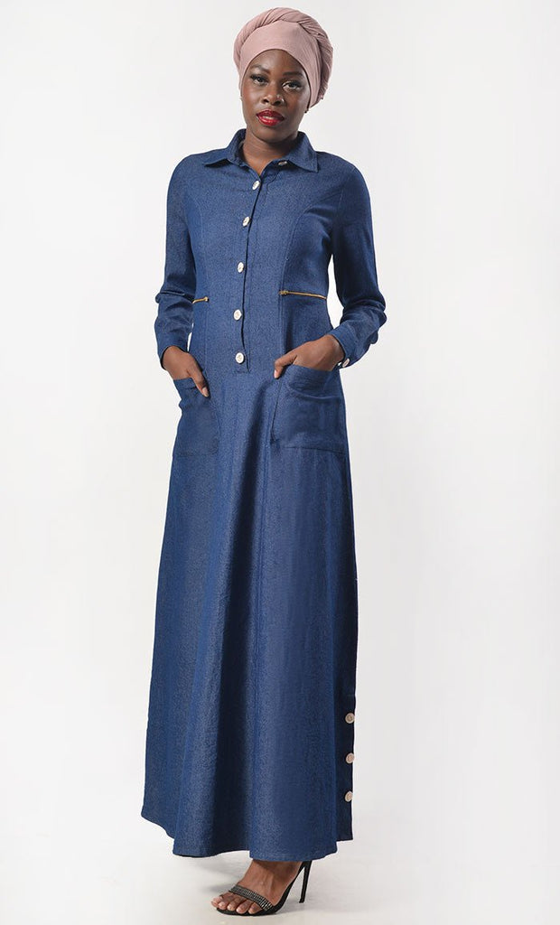 Modest Denim Buttons Detailing Abaya With Pockets - EastEssence.com
