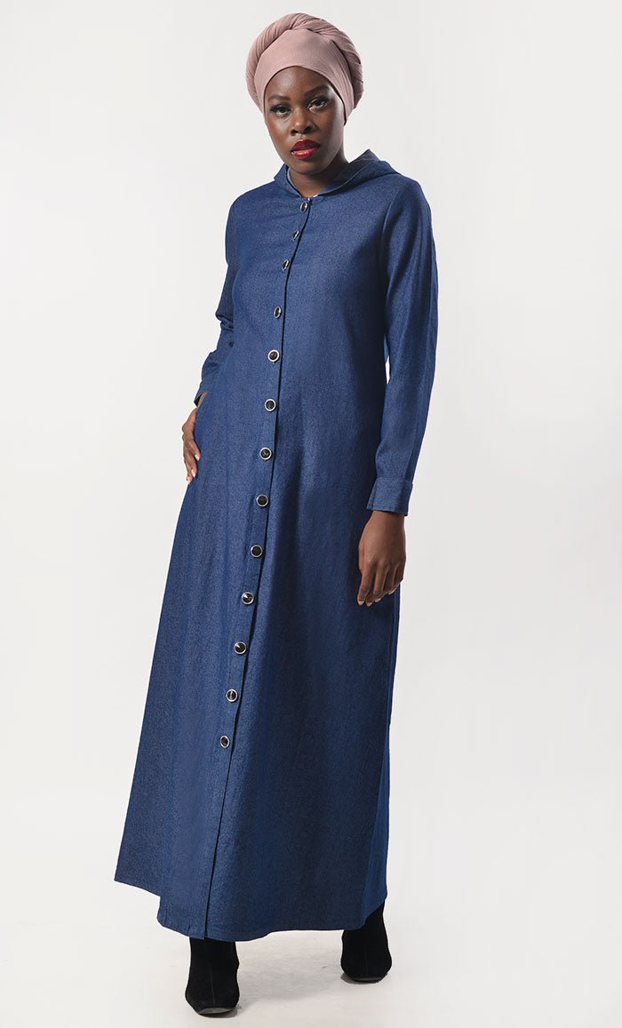 Modest Denim Buttons Down Abaya With Pockets - EastEssence.com