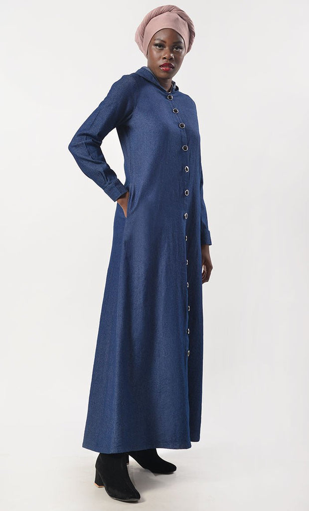 Modest Denim Buttons Down Abaya With Pockets - EastEssence.com