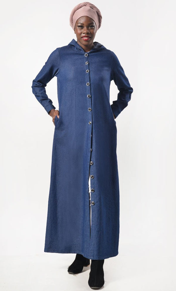 Modest Denim Buttons Down Abaya With Pockets - EastEssence.com