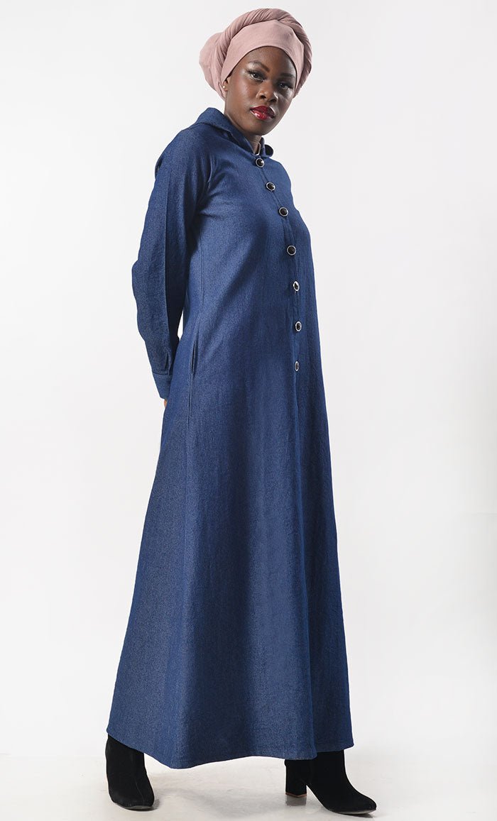 Modest Denim Buttons Down Abaya With Pockets - EastEssence.com