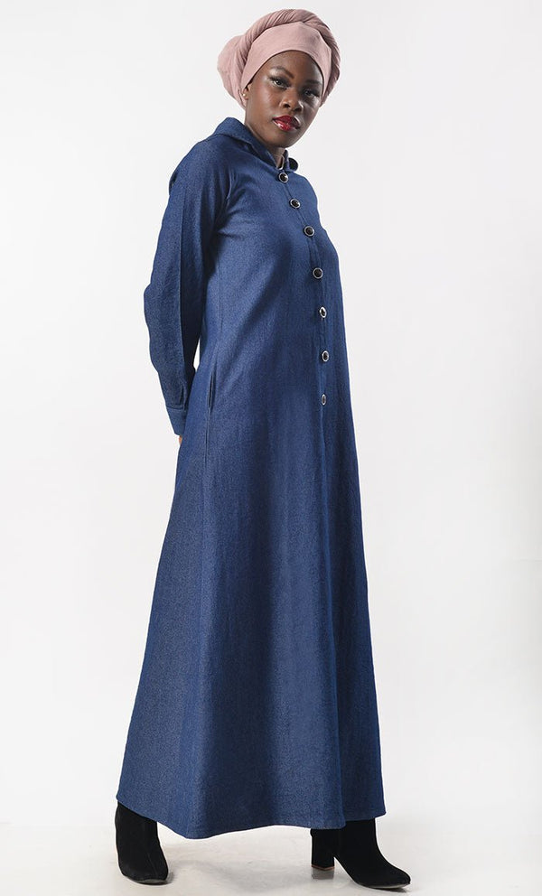 Modest Denim Buttons Down Abaya With Pockets - EastEssence.com