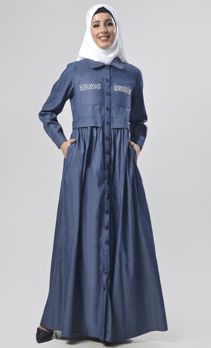 Modest Denim Gathers Detailing Jilbabs - EastEssence.com