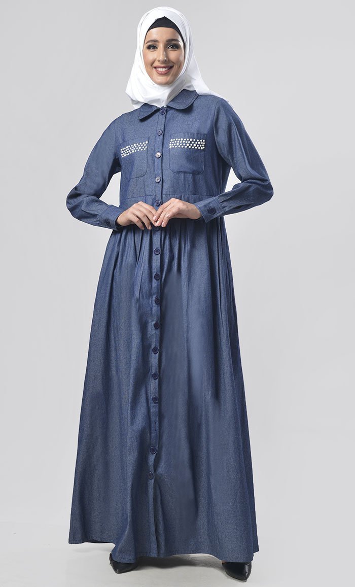 Modest Denim Gathers Detailing Jilbabs - EastEssence.com
