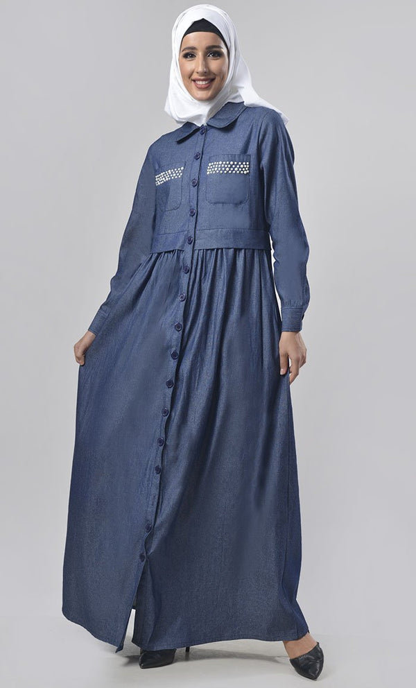 Modest Denim Gathers Detailing Jilbabs - EastEssence.com