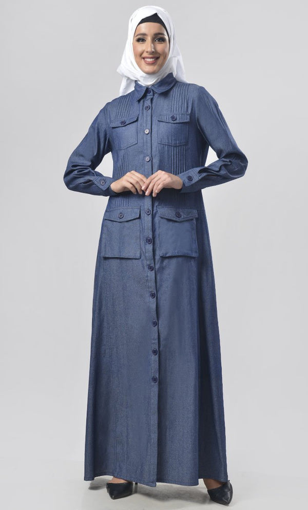 Modest Denim Knife Pleated Detailing Jilbabs - EastEssence.com