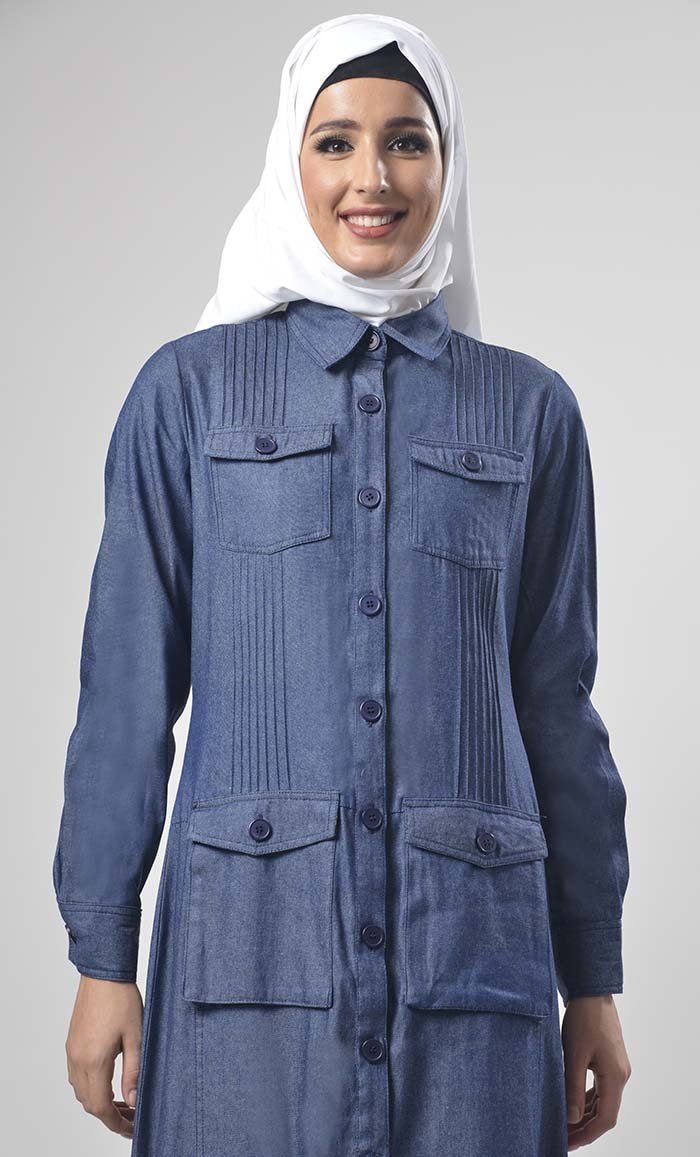 Modest Denim Knife Pleated Detailing Jilbabs - EastEssence.com