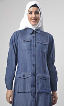 Modest Denim Knife Pleated Detailing Jilbabs - EastEssence.com