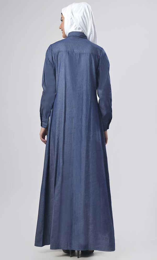 Modest Denim Knife Pleated Detailing Jilbabs - EastEssence.com