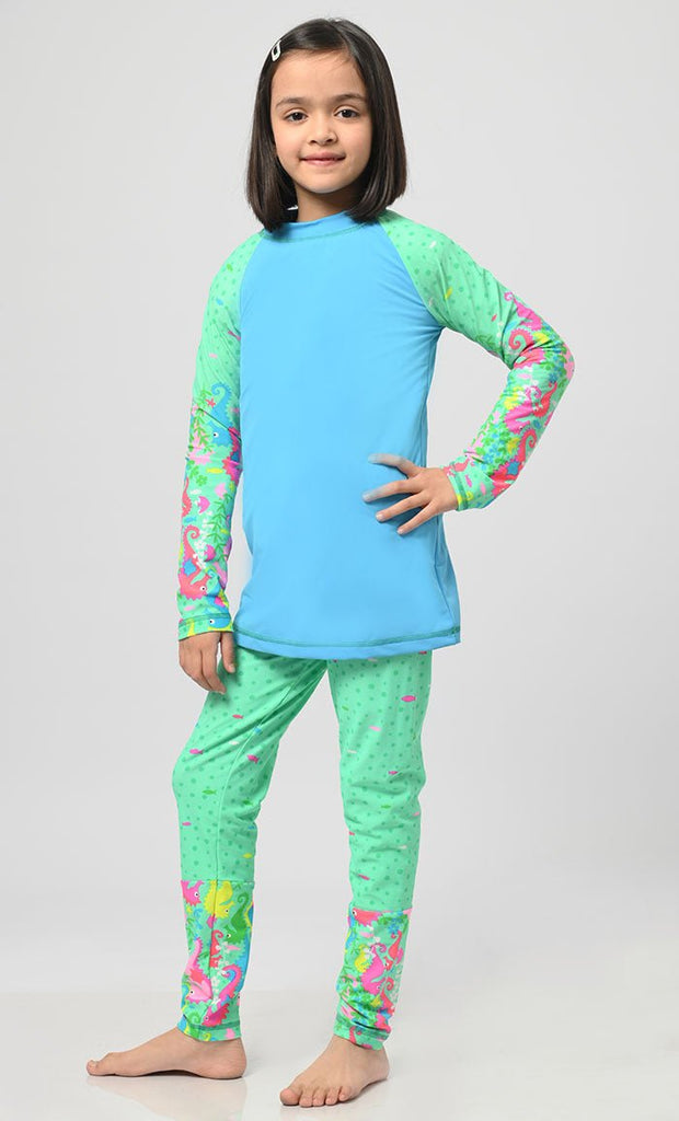 Modest Dragon Printed Girl's Swimsuit - 2Pc Set - EastEssence.com