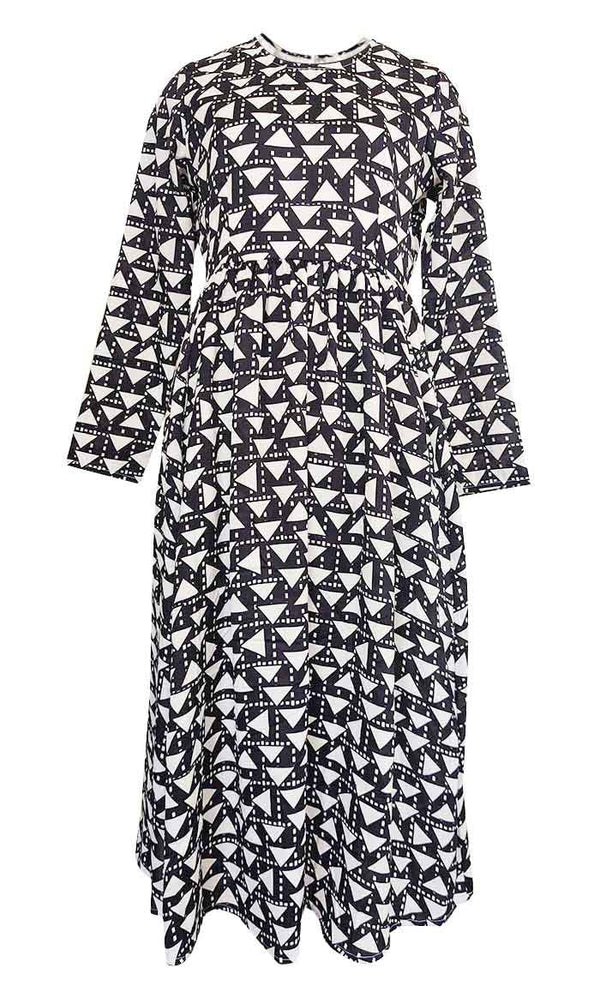 Modest Flared Anarkali Style Black Printed Long Tunic With Pockets - EastEssence.com