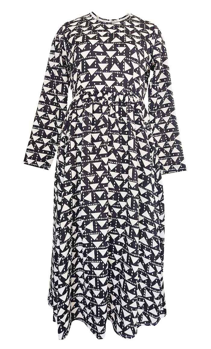 Modest Flared Anarkali Style Black Printed Long Tunic With Pockets - EastEssence.com