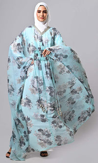 Modest floral printed light weight kaftan abaya with lining and tassels - EastEssence.com