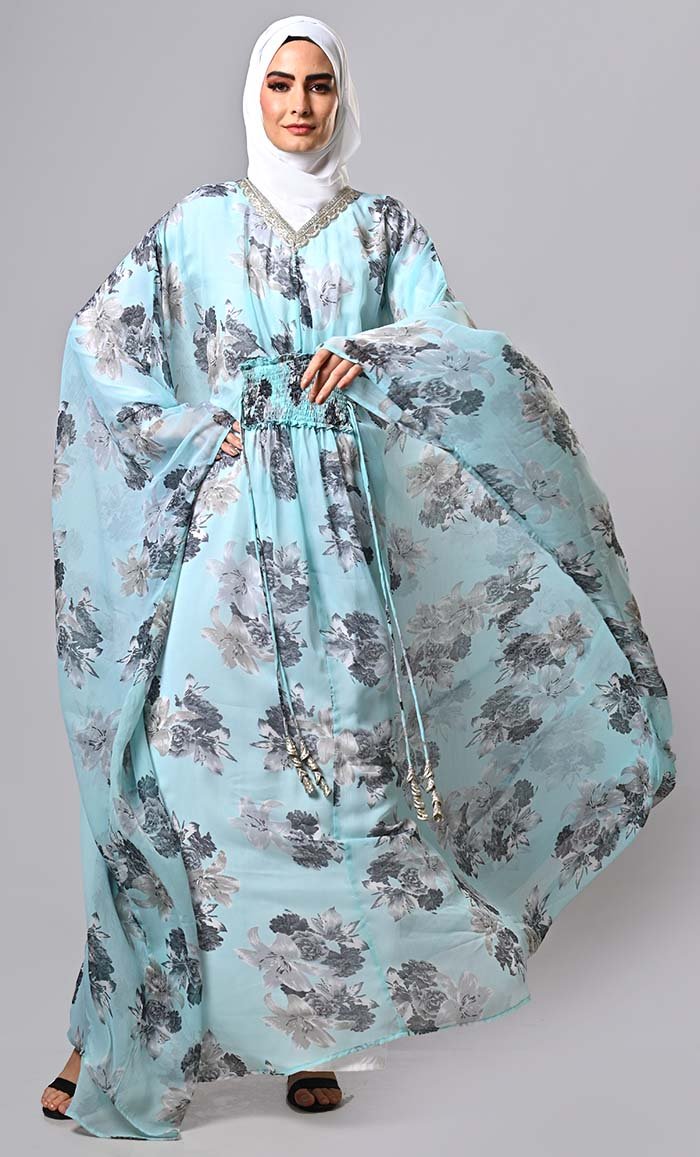 Modest floral printed light weight kaftan abaya with lining and tassels - EastEssence.com