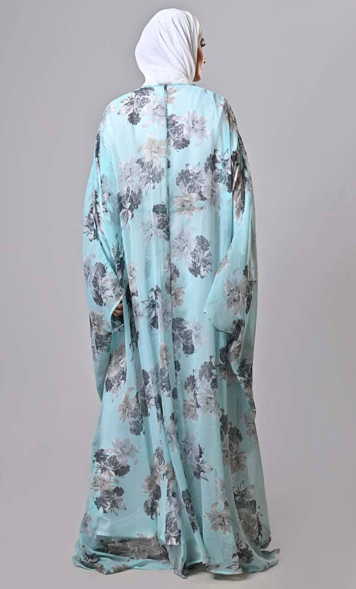 Modest floral printed light weight kaftan abaya with lining and tassels - EastEssence.com