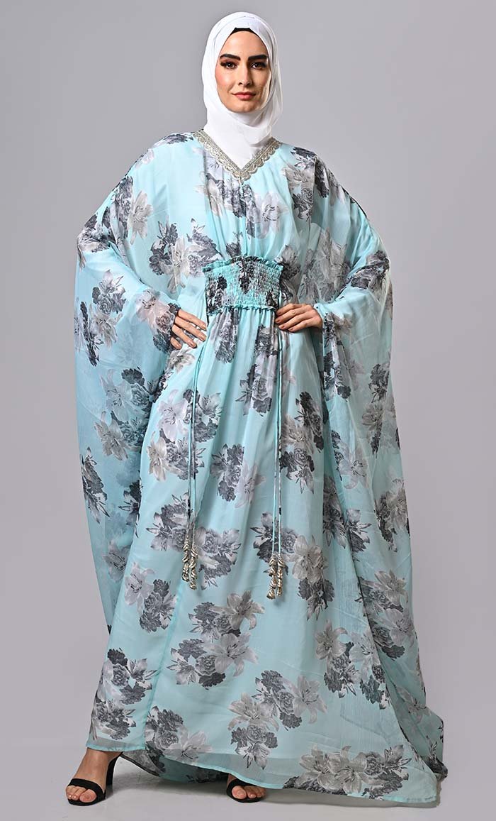 Modest floral printed light weight kaftan abaya with lining and tassels - EastEssence.com