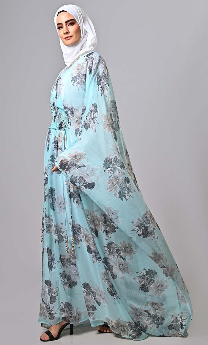 Modest floral printed light weight kaftan abaya with lining and tassels - EastEssence.com