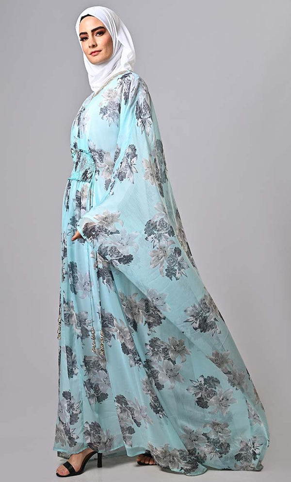 Modest floral printed light weight kaftan abaya with lining and tassels - EastEssence.com