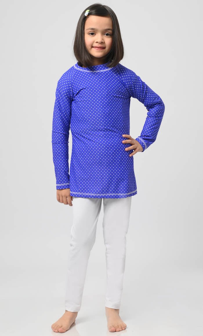 Modest Girl's Blue Polka Dot Printed Swimsuit - 2Pc Set - EastEssence.com