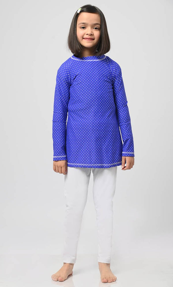 Modest Girl's Blue Polka Dot Printed Swimsuit - 2Pc Set - EastEssence.com