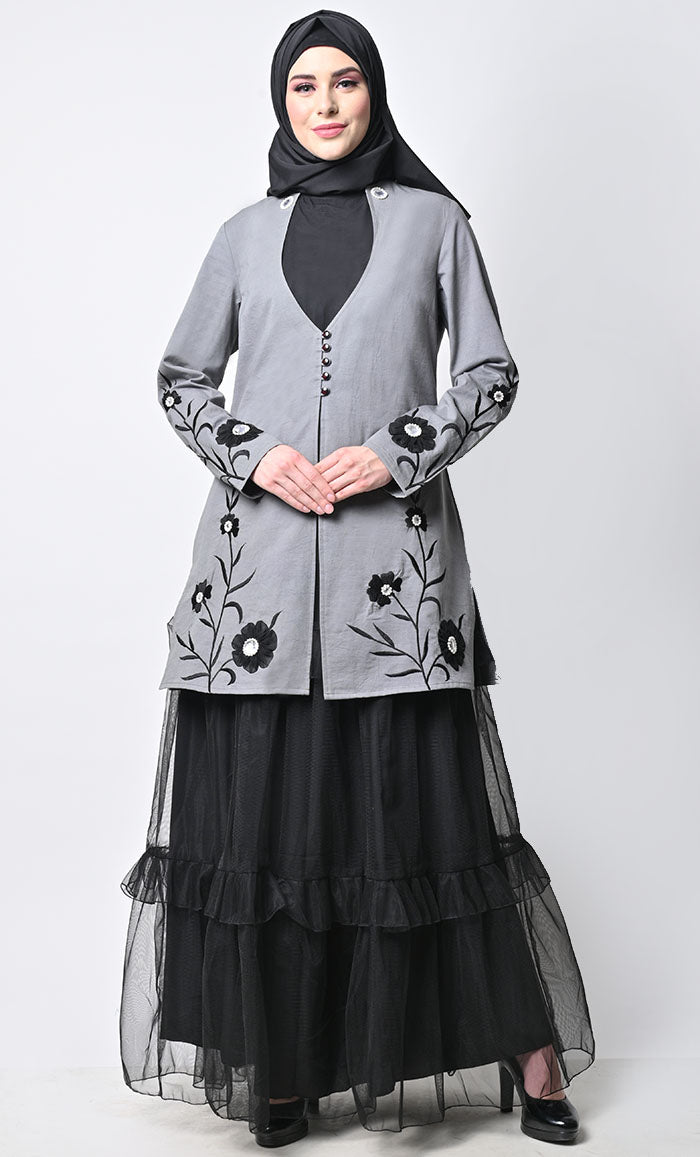 Modest Graceful 2Piece Floral Embroidered Jacket With Tiered Abaya - EastEssence.com