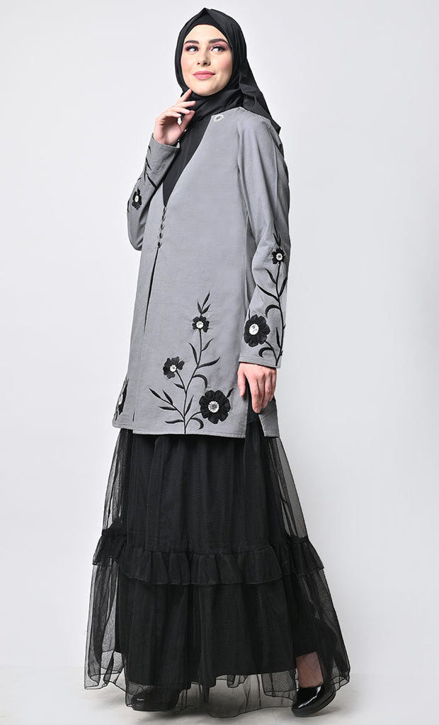 Modest Graceful 2Piece Floral Embroidered Jacket With Tiered Abaya - EastEssence.com