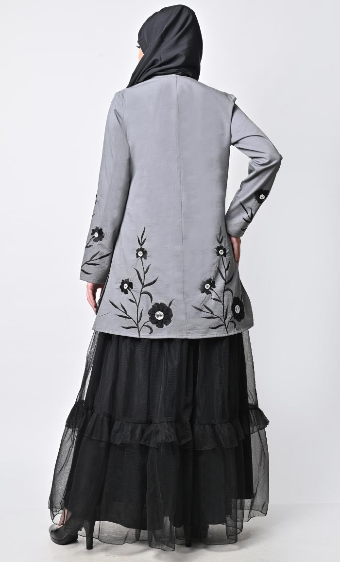 Modest Graceful 2Piece Floral Embroidered Jacket With Tiered Abaya - EastEssence.com