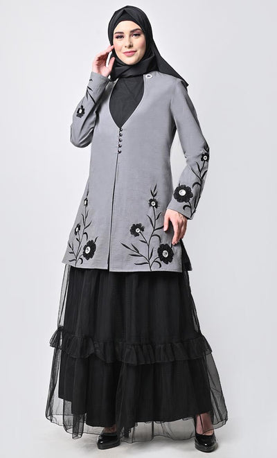Modest Graceful 2Piece Floral Embroidered Jacket With Tiered Abaya - EastEssence.com