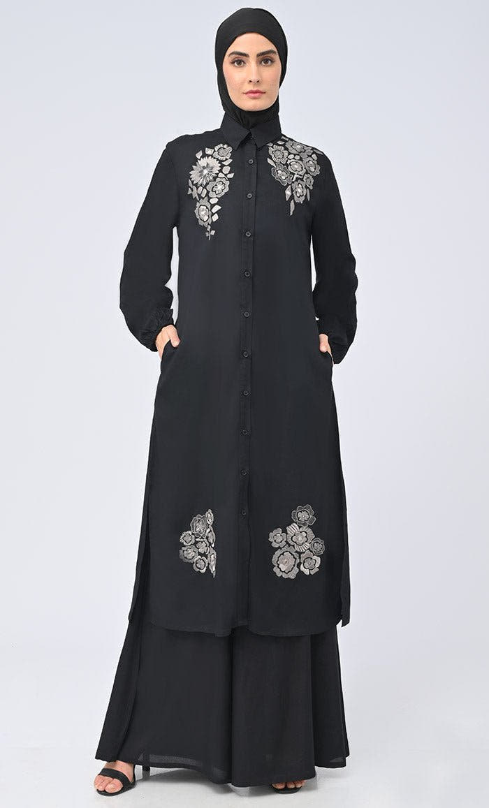Modest Islamic Button-Down Flared Set with Hijab & Pockets
