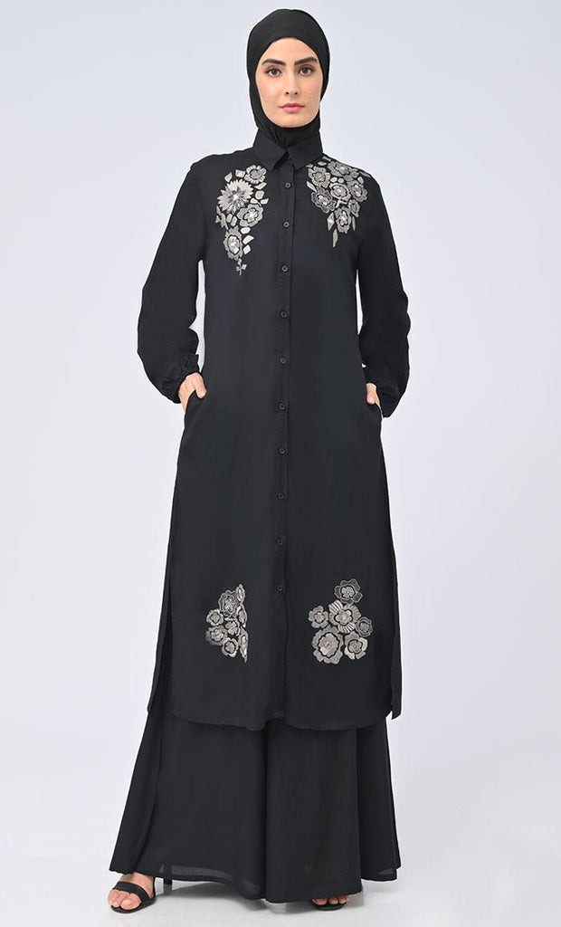 Modest Islamic Button Down Flared Set With Hijab And Pockets - EastEssence.com