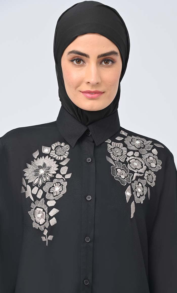 Modest Islamic Button Down Flared Set With Hijab And Pockets - EastEssence.com
