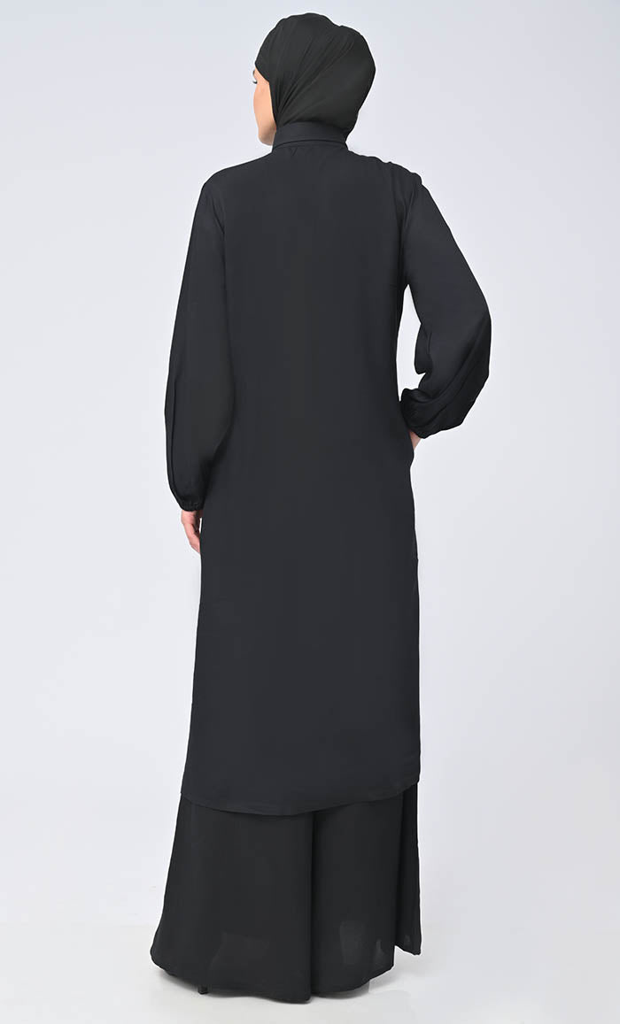 Modest Islamic Button Down Flared Set With Hijab And Pockets - EastEssence.com
