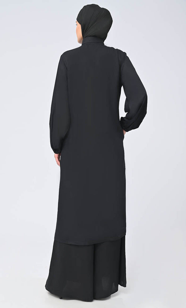 Modest Islamic Button Down Flared Set With Hijab And Pockets - EastEssence.com