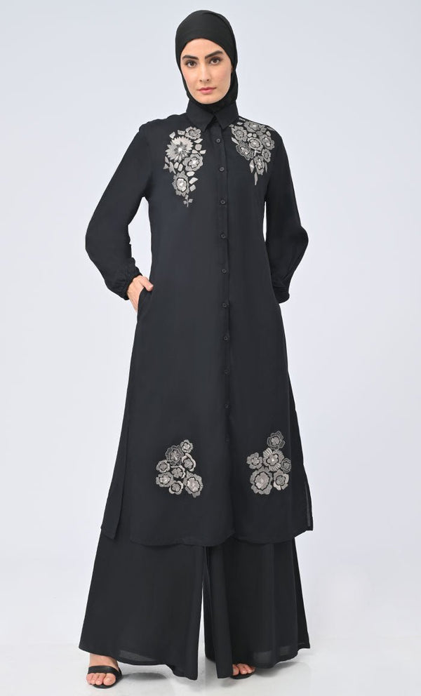 Modest Islamic Button Down Flared Set With Hijab And Pockets - EastEssence.com