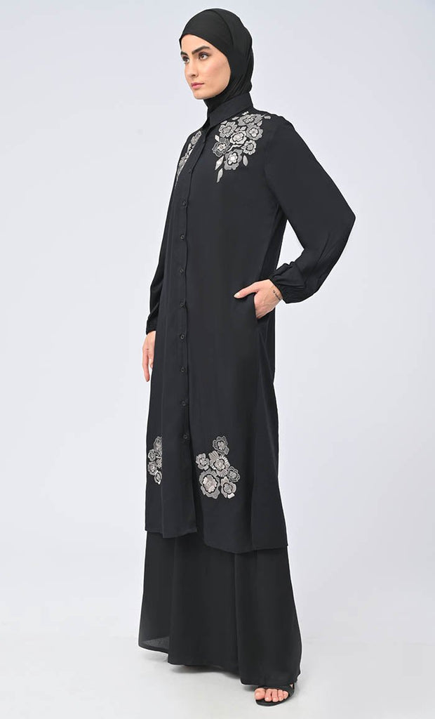 Modest Islamic Button Down Flared Set With Hijab And Pockets - EastEssence.com