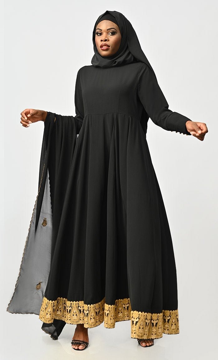 Modest Islamic Designer Anarkali Suit Set With Dupatta - EastEssence.com