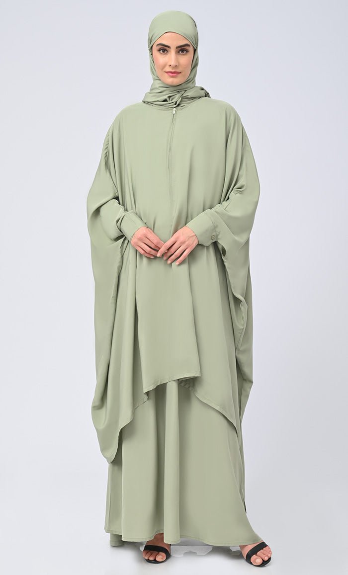 Modest Islamic Front Zipper Double Layer Dress with hijab S / 56 Modest Islamic Front Zipper Double Layer Dress with hijab S / 56