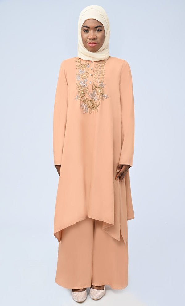 Modest Islamic Hand Work Embroidered Set With Hijab And Pockets - EastEssence.com