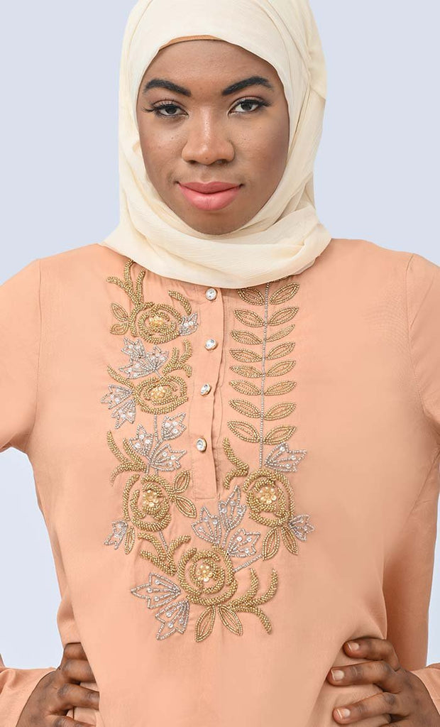 Modest Islamic Hand Work Embroidered Set With Hijab And Pockets - EastEssence.com