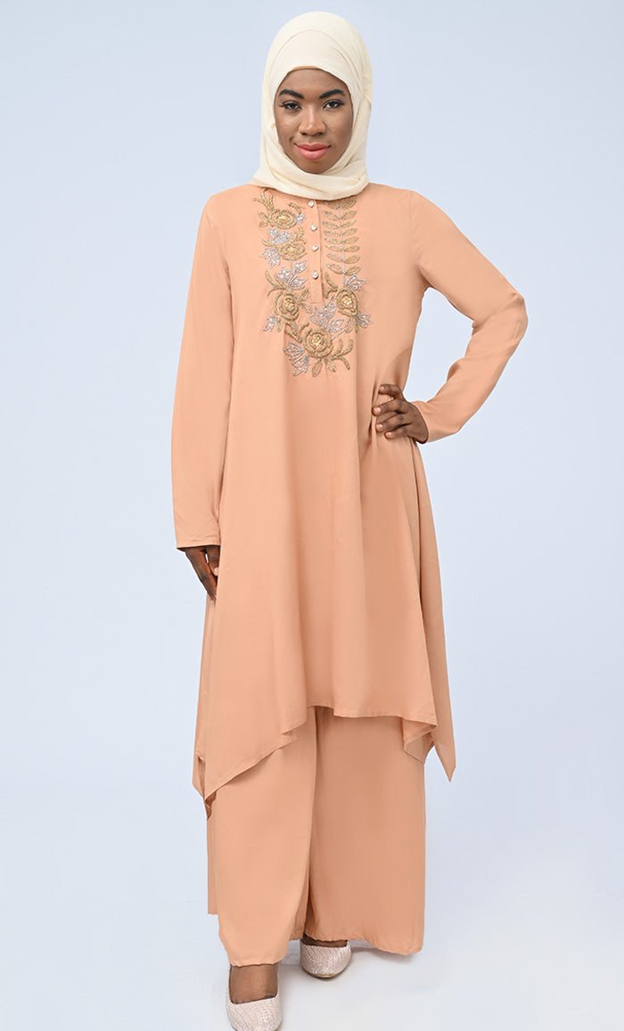 Modest Islamic Hand Work Embroidered Set With Hijab And Pockets - EastEssence.com