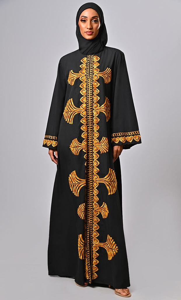 Modest Islamic Mughal Aari Work Detailing Abaya With Pockets - EastEssence.com