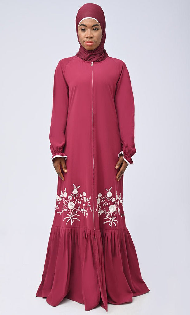 Modest Islamic Nida White Embroidered Abaya With Pockets - EastEssence.com
