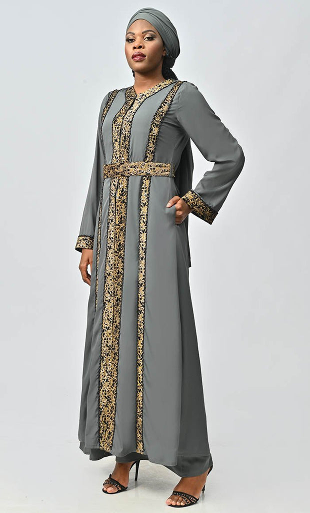 Modest Moroccan Style Abaya With Hand Embroidery And Lace Detailing - EastEssence.com