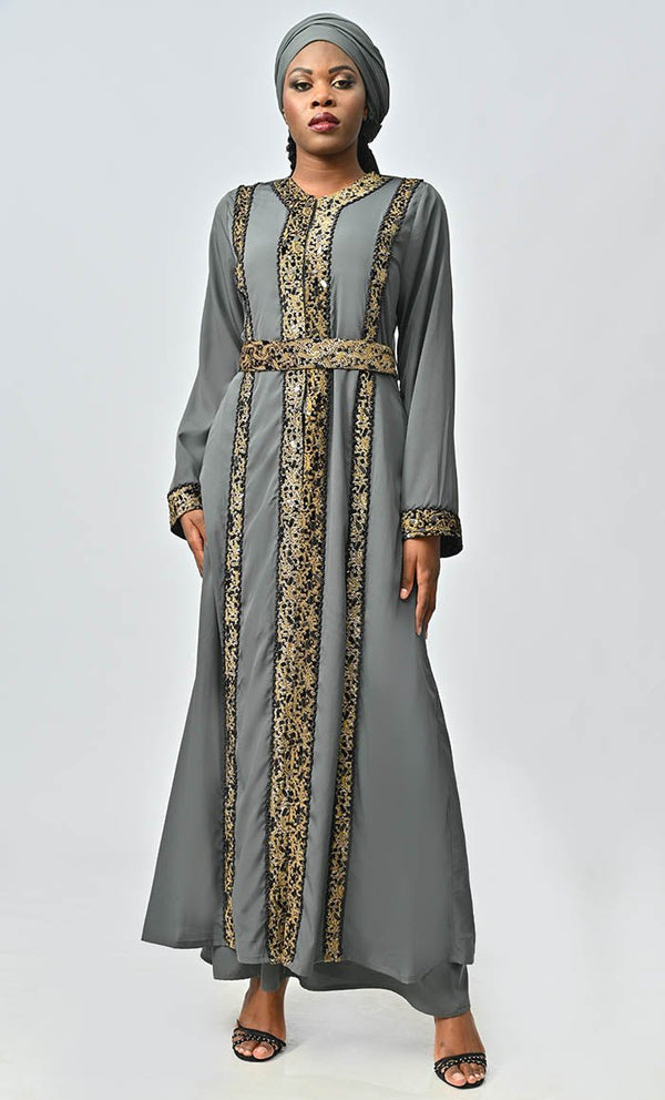 Modest Moroccan Style Abaya With Hand Embroidery And Lace Detailing - EastEssence.com