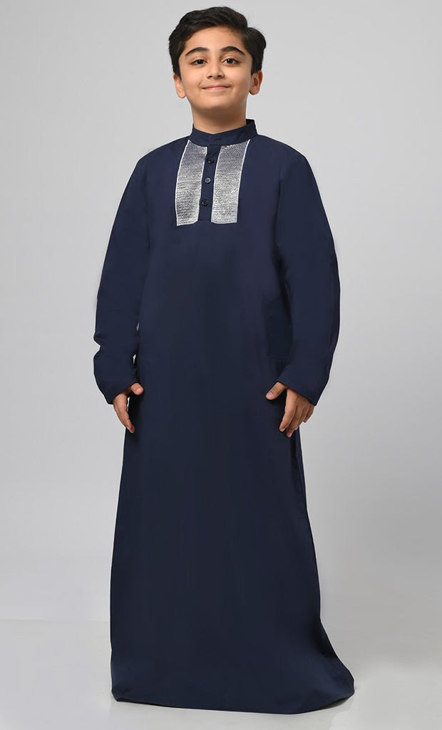 Modest Muslim Boys Embroidered Thread Detailing Thobe - EastEssence.com