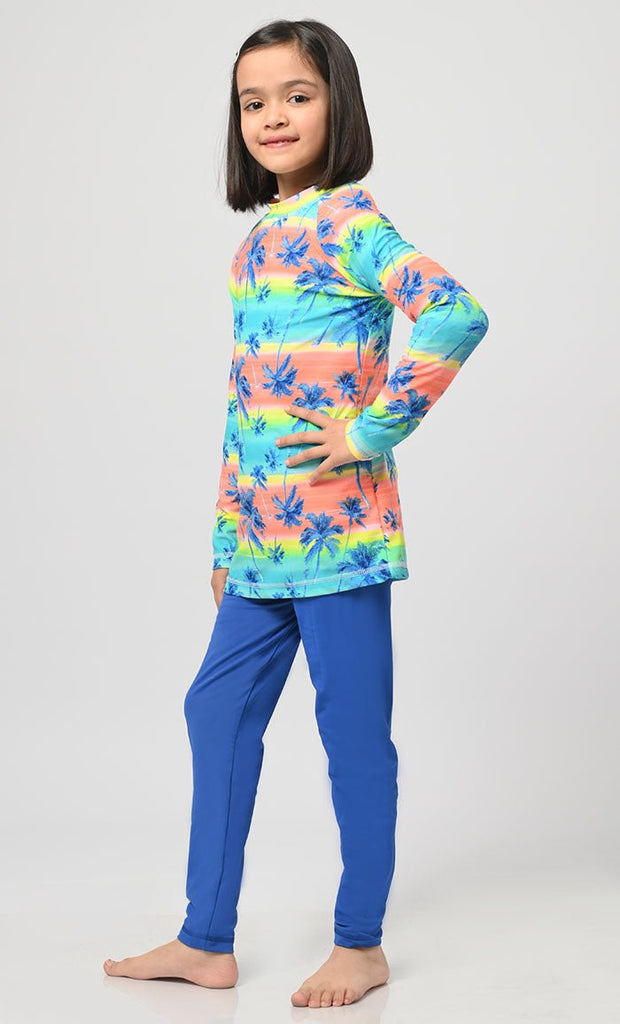 Modest Nautical Printed Girl's Swimsuit With Blue Bottom - 2Pc Set - EastEssence.com